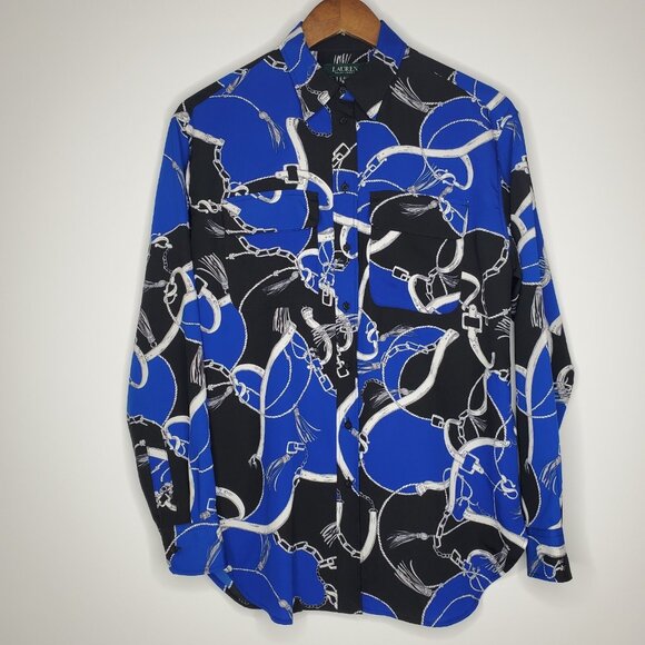Ralph Lauren Womens Black Blue Chain Equestrian Button Up Blouse Size S Status - Picture 1 of 9